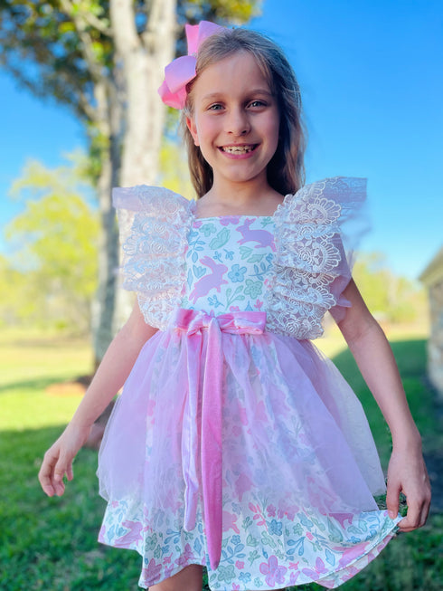 Girls Easter Velvet Lace Dress with Matching Bow - Bowtism